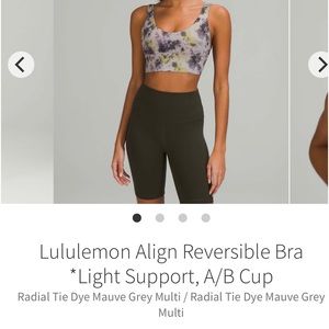 Lululemon Align reversible bra light sup A/B cup Radial Tie Dye Mauve Grey Multi